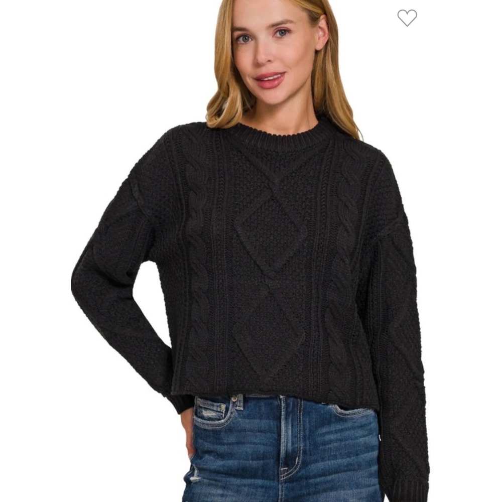 Zenana Black Cable Knit Cropped Sweater High Low Side Slit TW-2437Y Medium